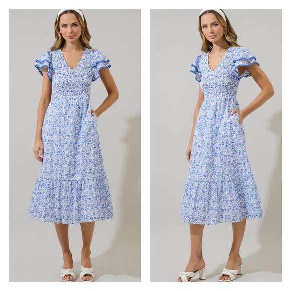 Maisie Floral Smocked Waist Midi Dress by Sugarlips - Picture 1 of 5